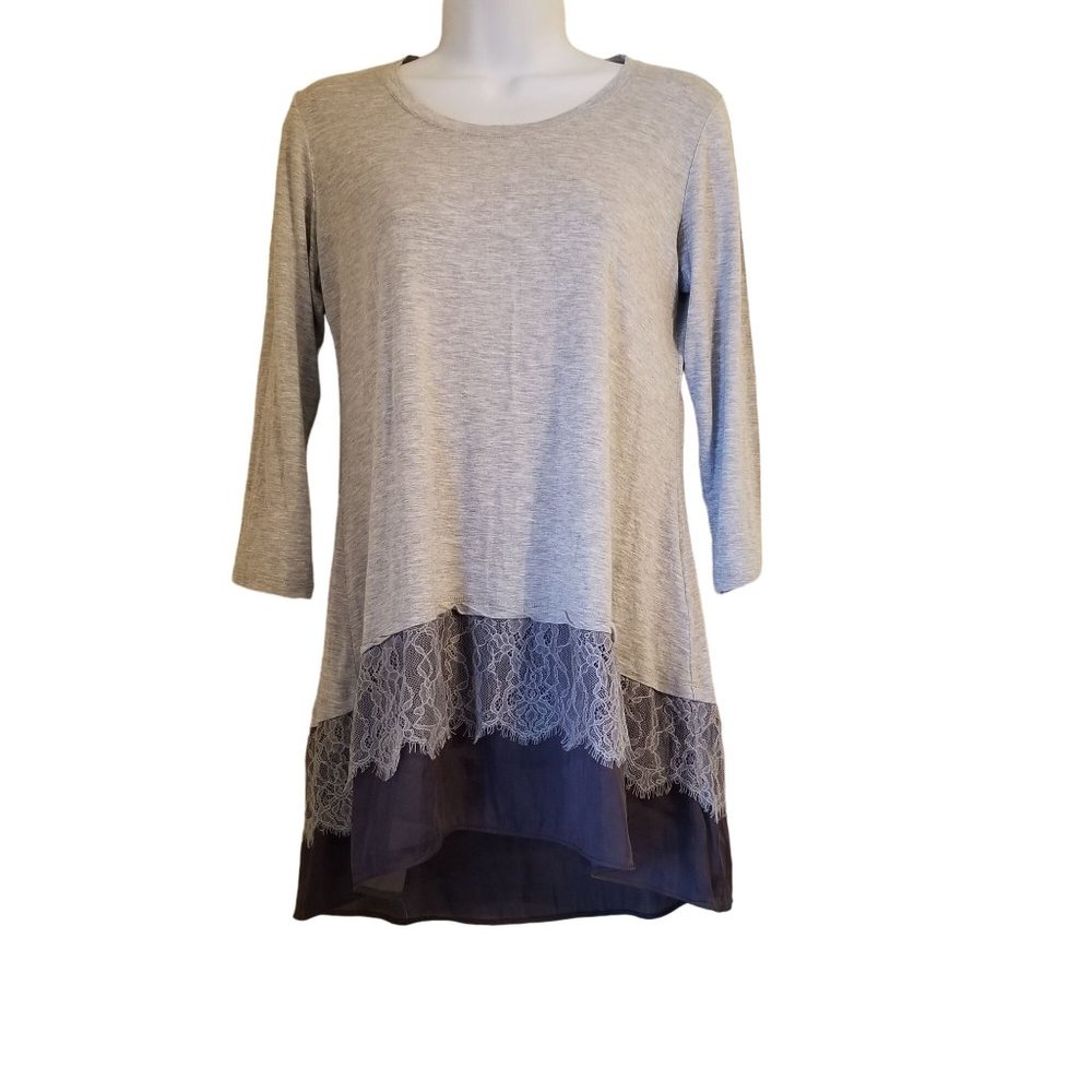 LOGO Lori Goldstein SP Grey Lace‎ Stretch Knit Top Tunic